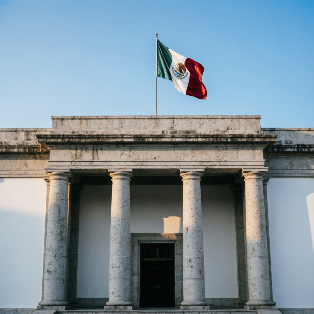Fachada de un recinto institucional mexicano con columnas de cantera