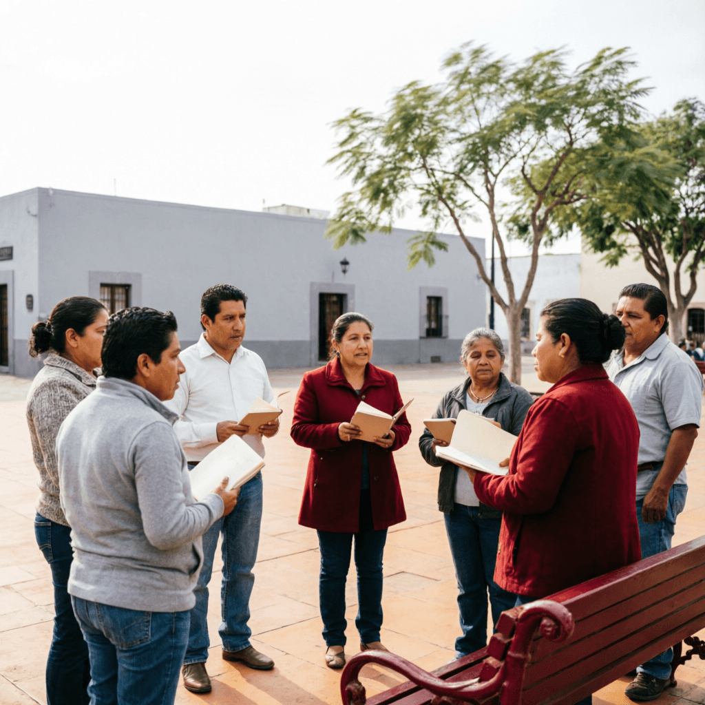 Personas conversando en una plaza pública de México