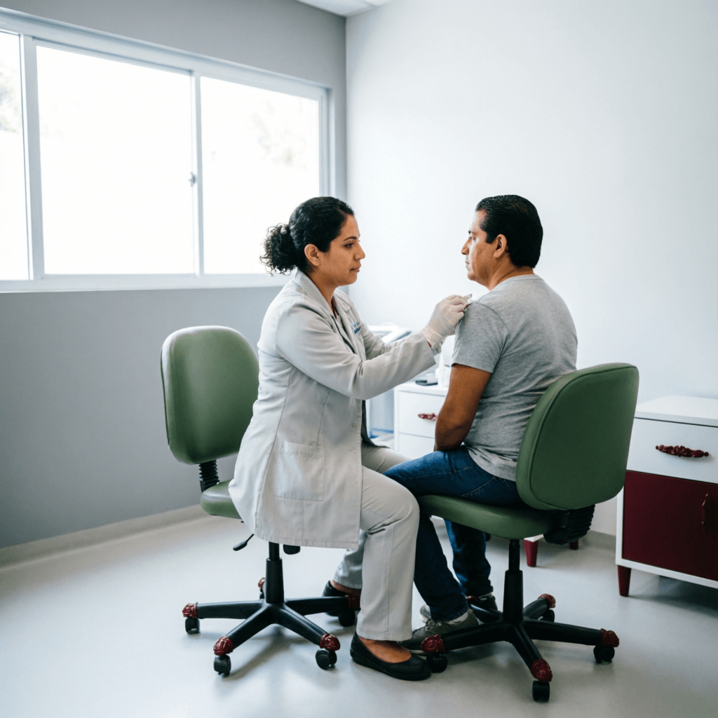 Personal de salud atendiendo en un consultorio luminoso